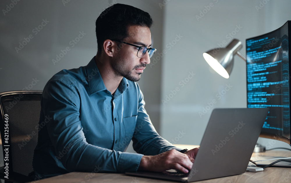Fototapete Laptop, screen and business man for coding, software development and programming script in cybersecurity. Night, computer research and programmer or IT person with html code, system or data analysis