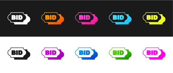 Set Bid icon isolated on black and white background. Auction bidding. Sale and buyers. Vector