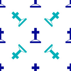 Blue Grave with cross icon isolated seamless pattern on white background. Vector