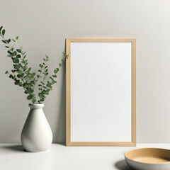Mockup of a picture frame on a small dresser, advertising, decoration. A realistic presentation of a picture frame placed on a small dresser. Ai generated.