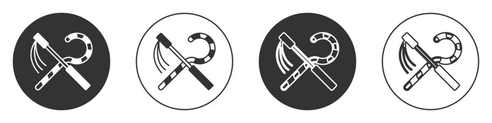 Black Crook and flail icon isolated on white background. Ancient Egypt symbol. Scepters of egypt. Circle button. Vector