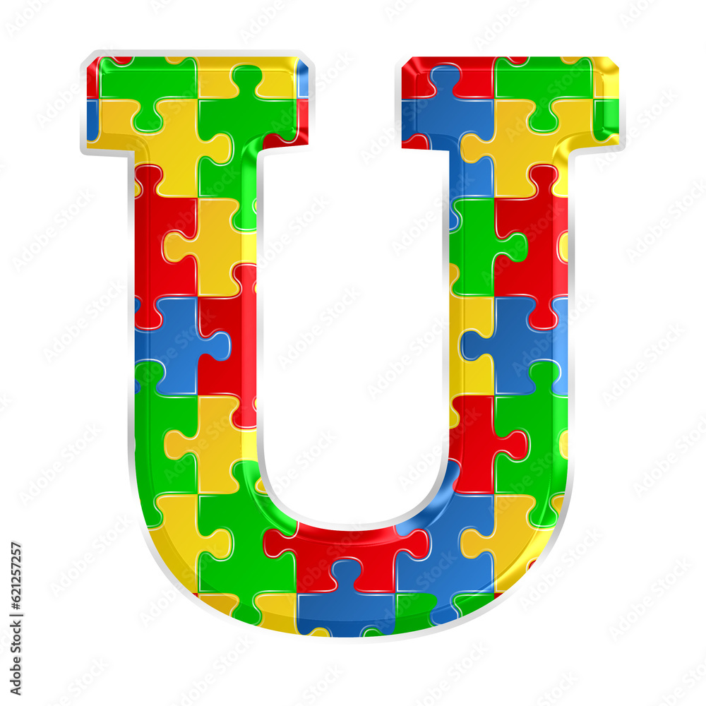 Fototapete Colorful puzzle alphabet letter u, isolated on transparent background, uppercase. This is a part of a set which also includes numbers, symbols, and shapes.