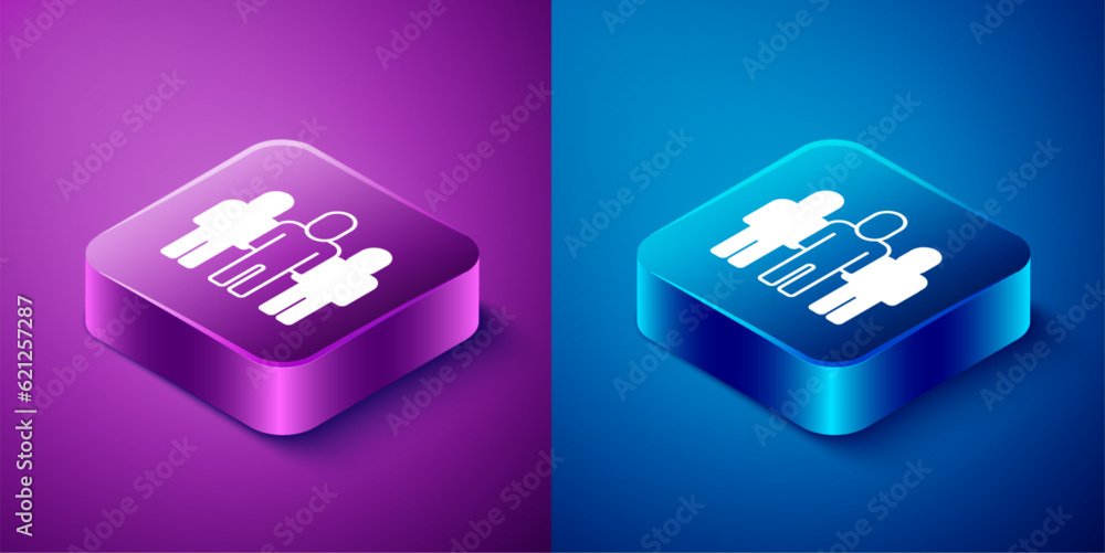 Sticker Isometric Project team base icon isolated on blue and purple background. Business analysis and planning, consulting, team work, project management. Developers. Square button. Vector