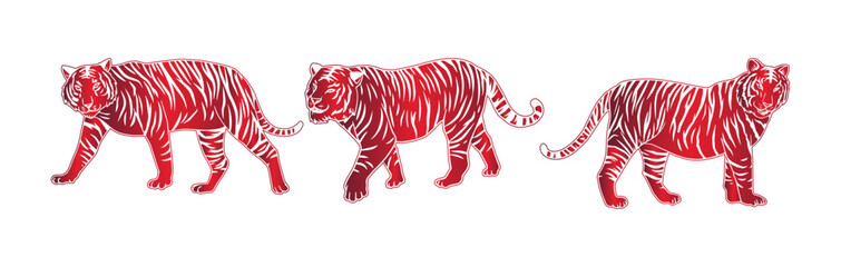 illustration of a tiger's  vector image with red gradations consisting of three images