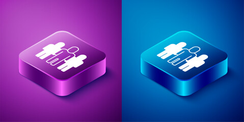 Isometric Project team base icon isolated on blue and purple background. Business analysis and planning, consulting, team work, project management. Developers. Square button. Vector