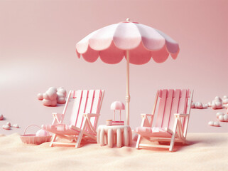 vacation pink holiday sun sand umbrella summer retro parasol chair. Generative AI.