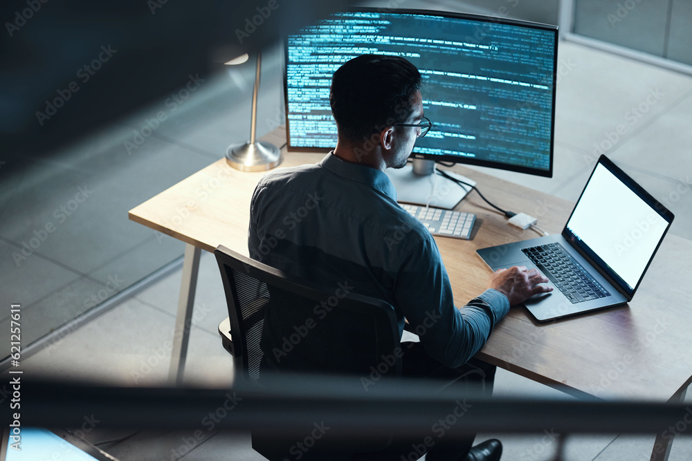 Fototapete Man, programmer and coding at night on laptop mockup screen for networking, malware or software at the office. Male person, coder or developer working late in computer display in problem solving