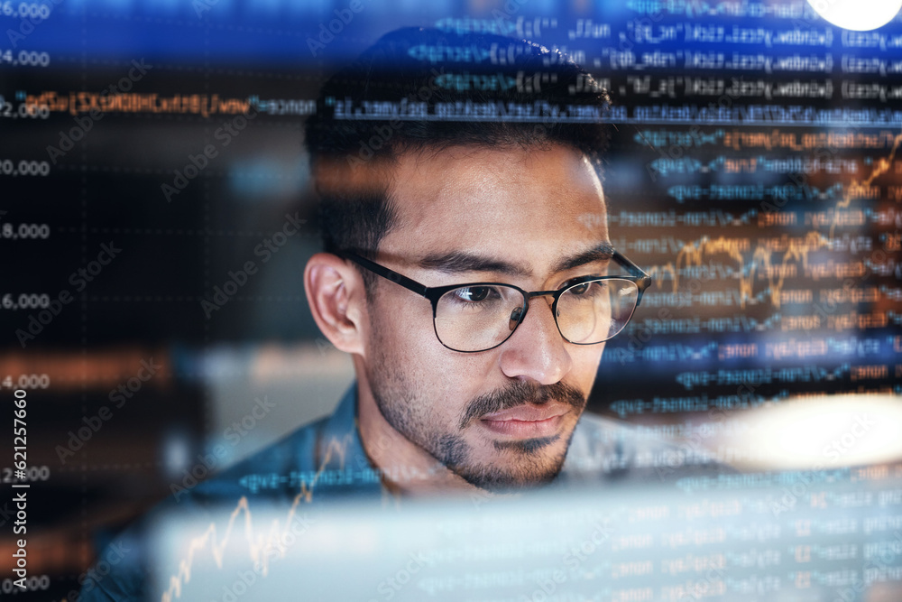 Fototapete Asian man, face and programming at night with code overlay or dashboard in malware or software at office. Male person, coder or programmer working late in development, problem solving or algorithm