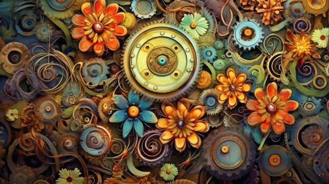 Steampunk floral background. Generative AI