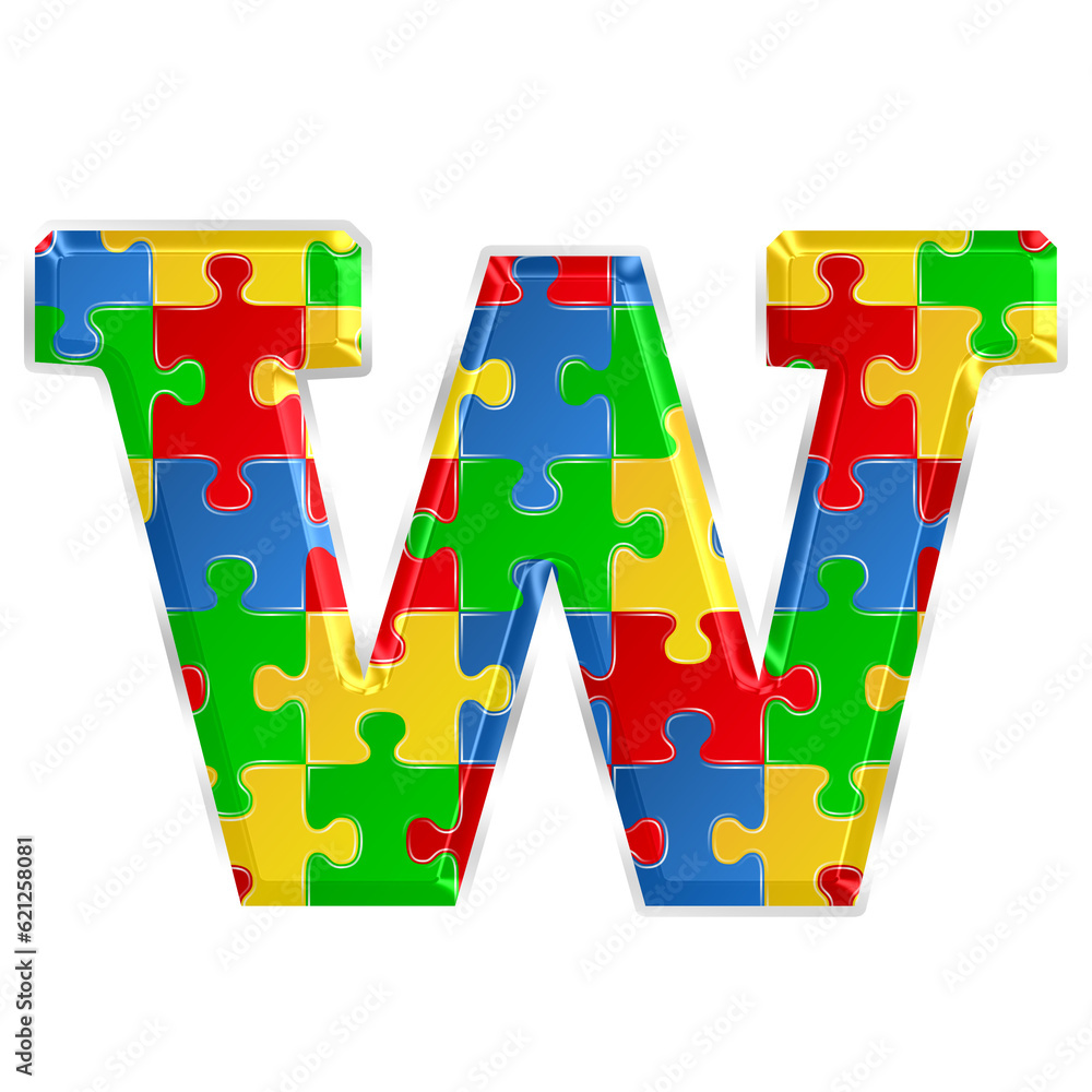 Fototapete colorful puzzle alphabet letter w, isolated on transparent background, lowercase. this is a part of 