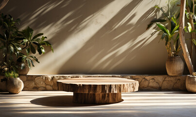 Natural log wood podium table in sunlight