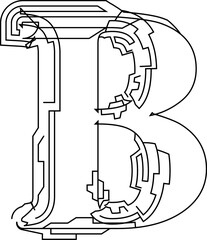 Architectural project font, technical draw style alphabet. Geometrical typography. Wireframe letter B