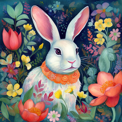 Rabbit and Flowers Vintage Watercolor