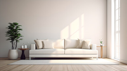 Fototapeta na wymiar White minimalist interior with kitchen, sofa, wood floor, wall panels and marble kitchen island. Cozy apartment. Home decor
