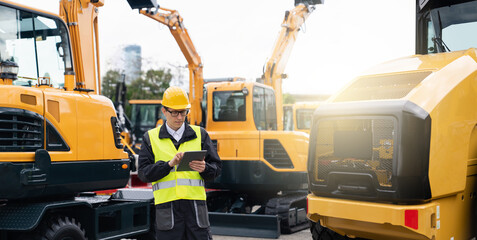 Engineer in a helmet with a digital tablet stands next to construction excavators.