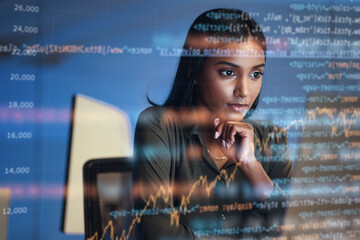 Computer, code hologram and woman thinking of data analytics, information technology or software...