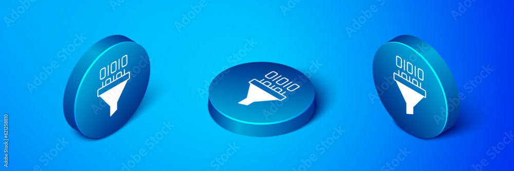 Poster isometric binary code icon isolated on blue background. blue circle button. vector