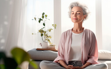 Middle aged woman meditating at home with eyes closed, relaxing body and mind in a living room. Mental health and meditation for no stress concept. AI Generative - obrazy, fototapety, plakaty
