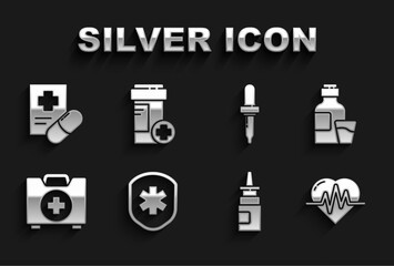 Set Medical shield with cross, Bottle of medicine syrup, Heart rate, nasal spray, First aid kit, Pipette, prescription and Medicine bottle icon. Vector