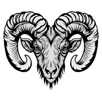goat illustration tattoos concept prints designs. Horned goat head styles black on white.