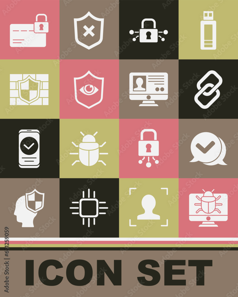 Poster set system bug on monitor, check mark in speech bubble, chain link, cyber security, shield and eye, 