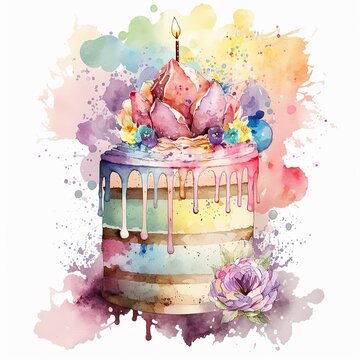 A watercolor painting of a birthday cake with a candle created with Generative AI technology