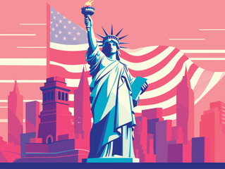 Flat Illustration background of Status of liberty with american flag, vector art, patriotism, US independence © SA Graphics