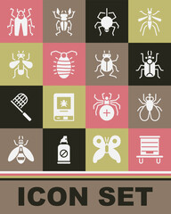 Set Hive for bees, Insect fly, Beetle bug, Spider, Larva insect, and icon. Vector