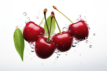 Cherries with water splashes, isolated on white background (ai generated)