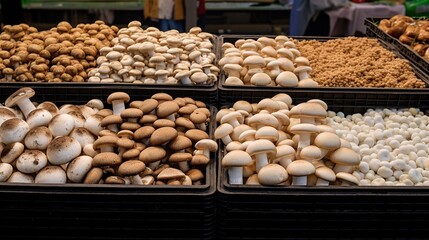 fresh mushrooms grow in the forest, mushrooms lie on store shelves