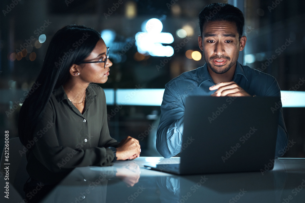 Aufkleber Laptop, planning and business people at night, software development and programming solution in cybersecurity. Coding, computer and teamwork programmer or IT woman and manager for system update ideas