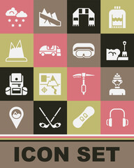 Set Winter headphones, athlete, Shovel snowdrift, scarf, Ice resurfacer, Mountains, Cloud with and Ski goggles icon. Vector