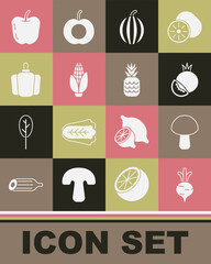 Set Beet, Mushroom, Tomato, Watermelon, Corn, Bell pepper, Apple and Pineapple icon. Vector