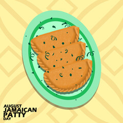 A delicious snack called the Jamaican Patty served on oval plate on light yellow background to celebrate National Jamaican Patty Day on August