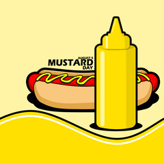 Yellow bottle filled with mustard and a delicious hotdog dish, with bold text on light yellow background to celebrate National Mustard Day on August 5