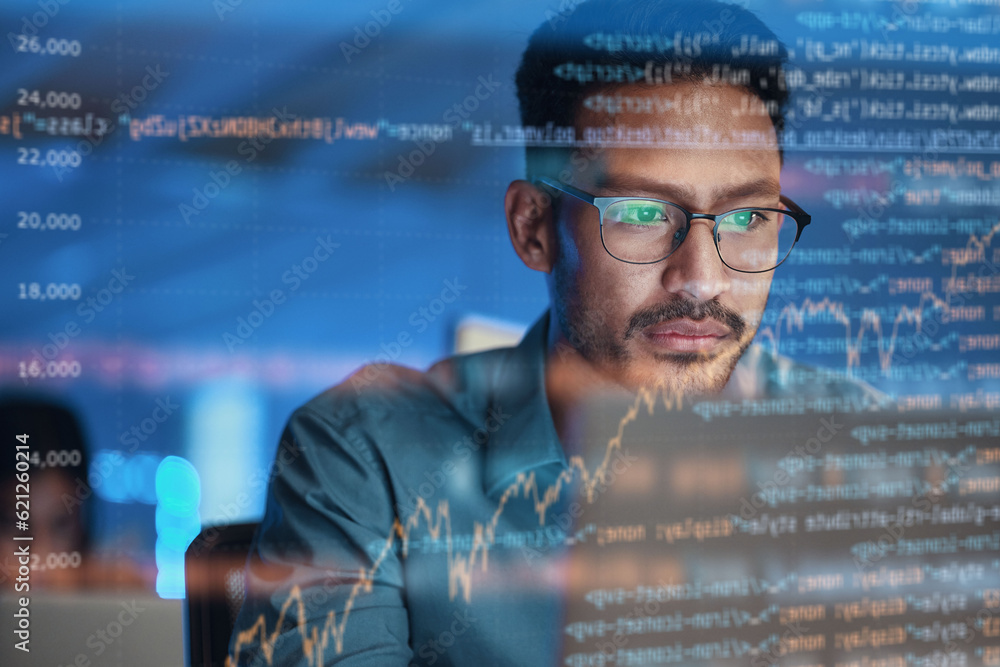 Aufkleber Computer, coding hologram and business man in data analysis, code html or software overlay at night. Programmer or person in glasses or screen reflection, programming stats and cybersecurity research