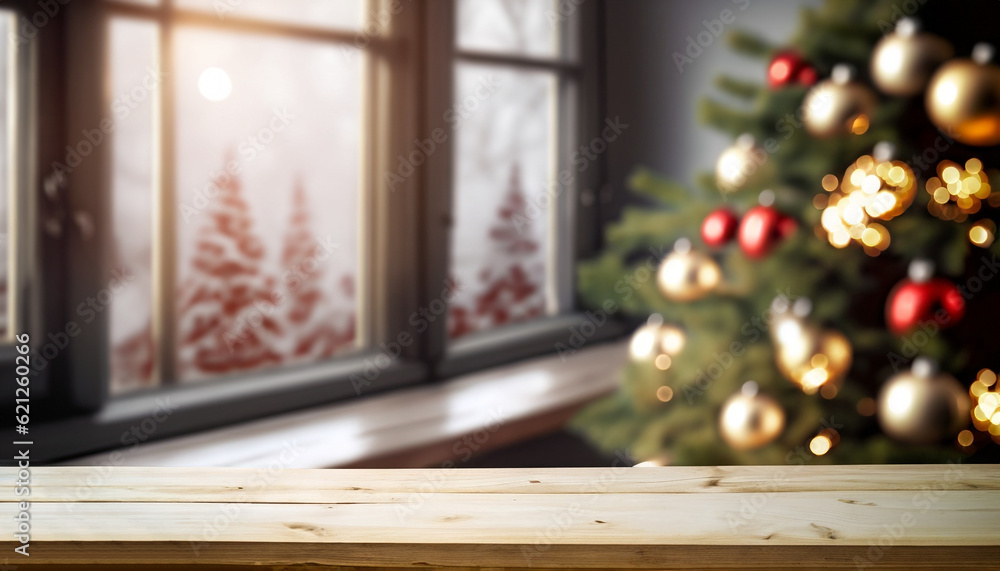 Poster table space in front of defocused window sill with christmas tree