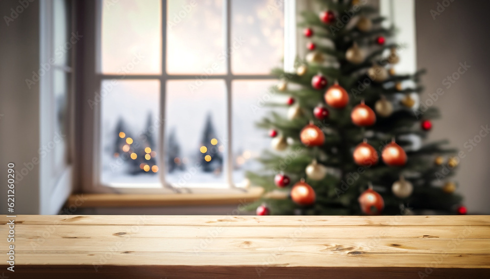 Poster table space in front of defocused window sill with christmas tree