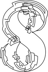 Architectural project font, technical draw style alphabet. Geometrical typography. Wireframe Number 8