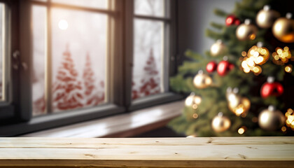 Table space in front of defocused window sill with christmas tree - obrazy, fototapety, plakaty