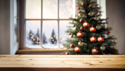 Table space in front of defocused window sill with christmas tree