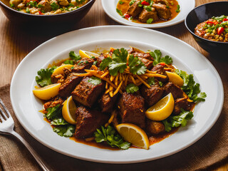 Meat centric dish infused with lemon and garnished with herbs. Hearty protein based meal with side dishes in the background. Concepts of food, health, cuisine and nutrition.