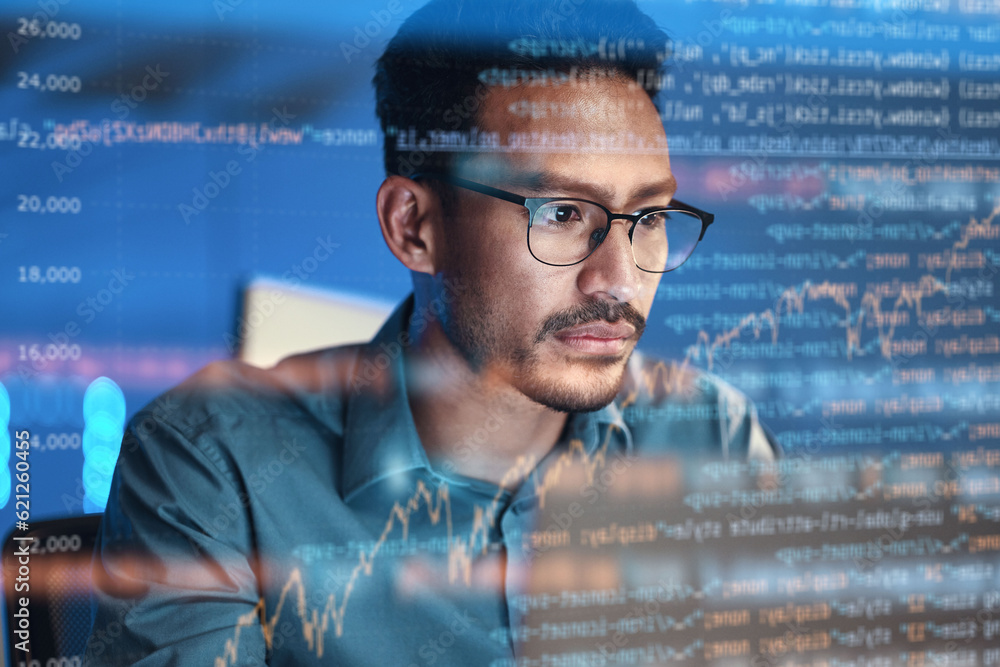 Poster Computer, code hologram and business man in data analysis, coding technology and software overlay at night. Programmer or person focus on html script, programming statistics or cybersecurity research