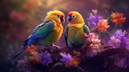 Two parrots on a branch, Love concept, Generative AI