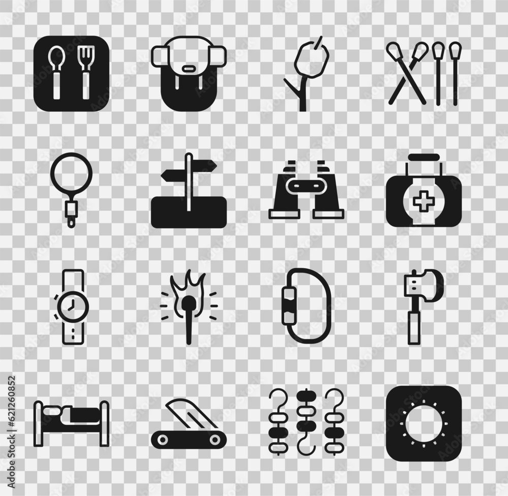 Sticker Set Sun, Wooden axe, First aid kit, Marshmallow on stick, Road traffic sign, Magnifying glass, Fork and spoon and Binoculars icon. Vector