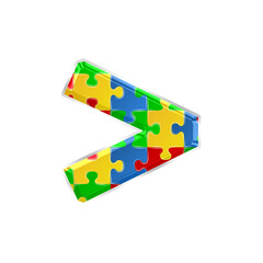 Colorful puzzle greater than symbol isolated on transparent background. This is a part of a set which also includes letters, numbers, and shapes.