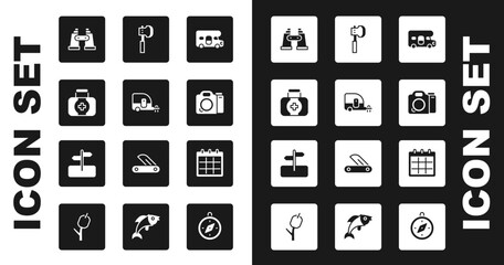 Set RV motorhome vehicle, Rv Camping trailer, First aid kit, Binoculars, Photo camera, Wooden axe, Calendar and Road traffic sign icon. Vector