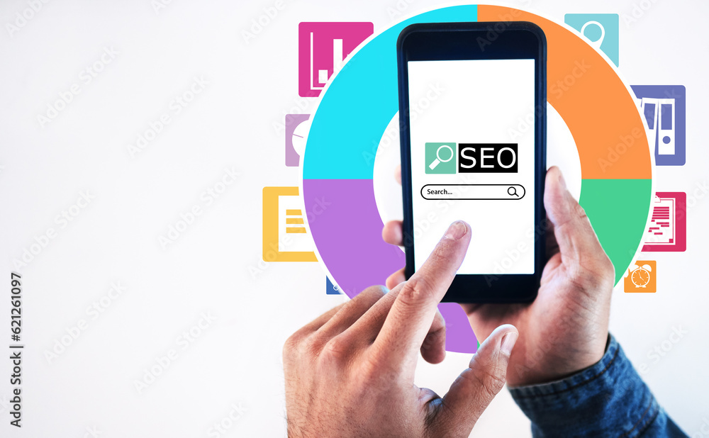 Aufkleber seo, search bar and internet with phone screen and hands of person for website, social media and tec