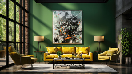 Generative ai illustration of Vivid yellow sofa and art poster on stucco wall.