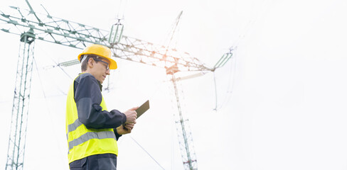 Engineer with digital tablet on a background of power line tower.
